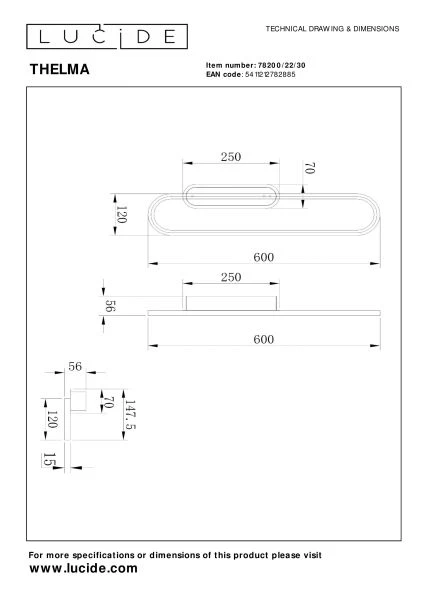 Lucide THELMA - Wall light - LED Dim. - 1x24W 2700K - Black - technical